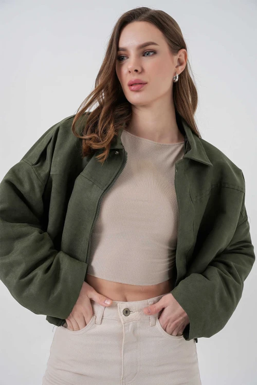 Kadın Yeşil Oversize Fermuar ve Çıt Çıt Kapamalı Cepsiz Süet Deri Ceket HZL25W-BD107301