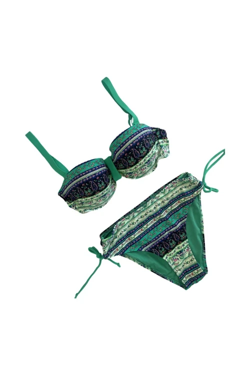Kadın Yeşil Taş İşlemeli Etnik Desenli Astarlı Bikini Takımı HZL25S-LC3305