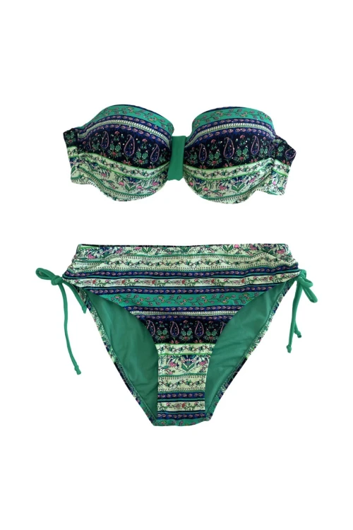 Kadın Yeşil Taş İşlemeli Etnik Desenli Astarlı Bikini Takımı HZL25S-LC3305