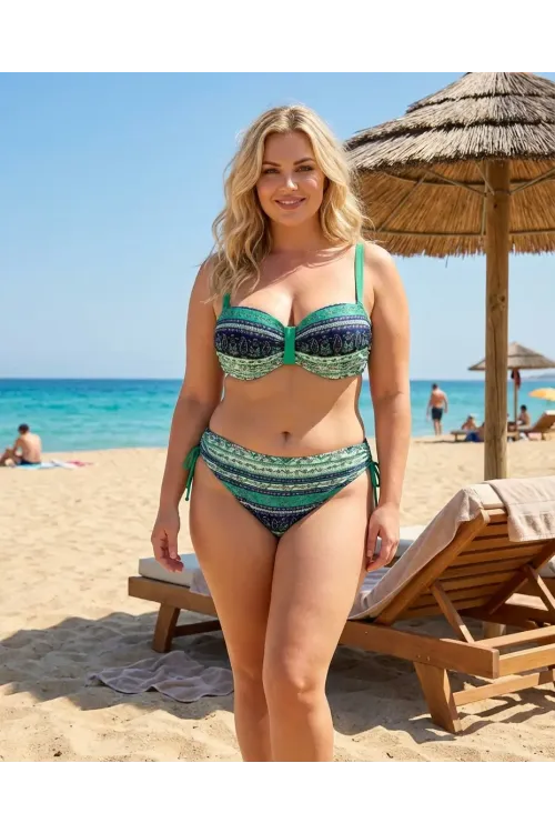 Kadın Yeşil Taş İşlemeli Etnik Desenli Astarlı Büyük Beden Bikini Takımı HZL25S-LC3305