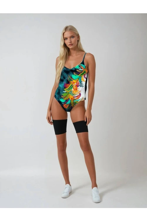 Kadın Yeşil Tropikal Yaprak Desen Yüzücü Mayo HZL25S-LC0046