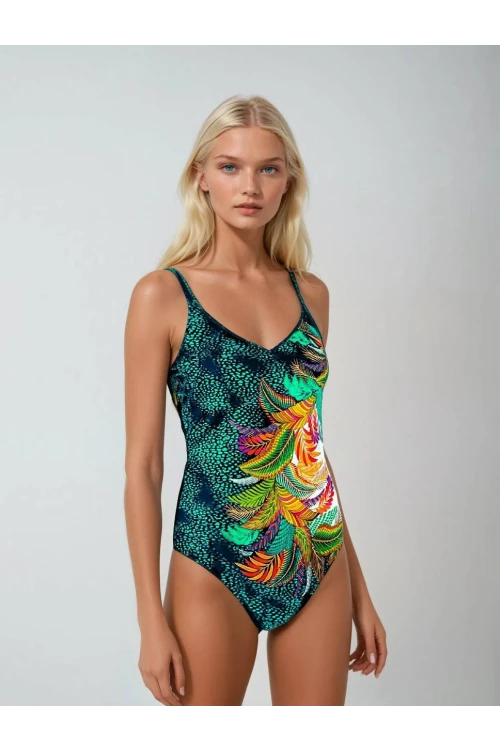 Kadın Yeşil Tropikal Yaprak Desen Yüzücü Mayo HZL25S-LC0046