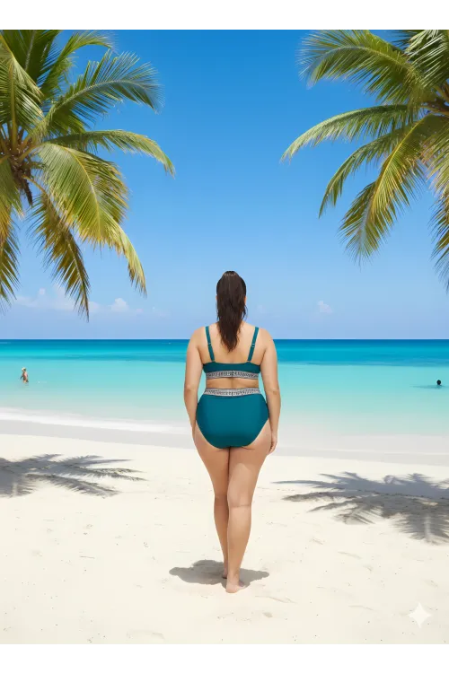 Kadın Yeşil Yüksek Bel Şerit Detaylı Destekli Büyük Beden Bikini Takımı HZL25S-LC201