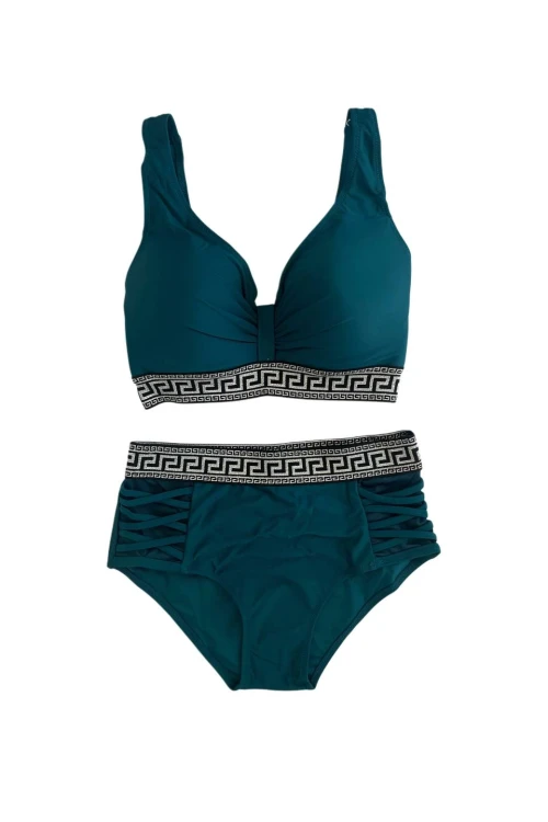 Kadın Yeşil Yüksek Bel Yanları Şerit Detaylı Desenli Lastikli Destekli Bikini Takımı HZL25S-LC201