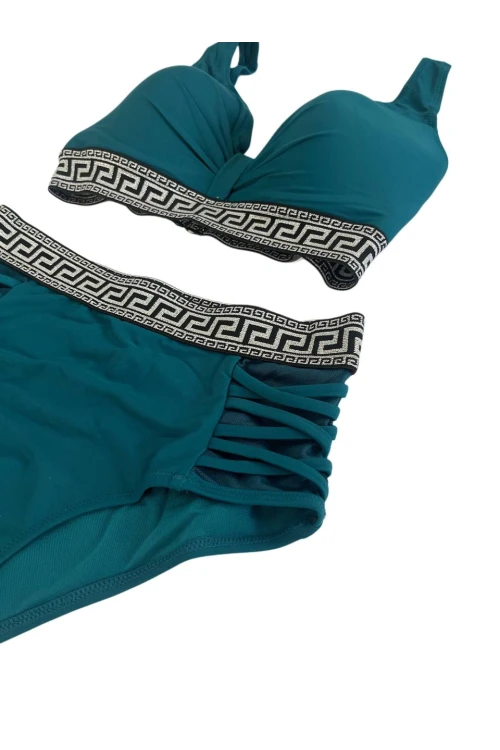 Kadın Yeşil Yüksek Bel Yanları Şerit Detaylı Desenli Lastikli Destekli Bikini Takımı HZL25S-LC201