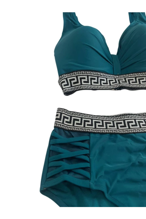 Kadın Yeşil Yüksek Bel Yanları Şerit Detaylı Desenli Lastikli Destekli Bikini Takımı HZL25S-LC201