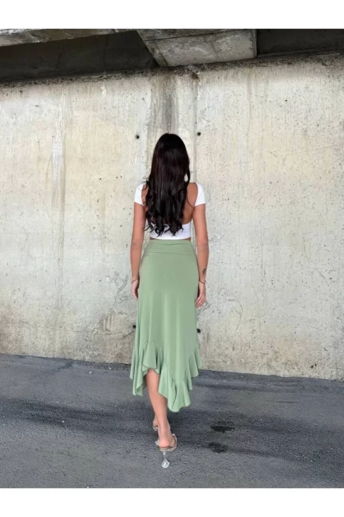 Kadın Yeşil Yüksel Bel Dalgıç Kumaş Asimetrik Kesim Etek HZL25S-ZK11701