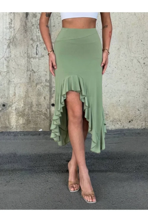 Kadın Yeşil Yüksel Bel Dalgıç Kumaş Asimetrik Kesim Etek HZL25S-ZK11701