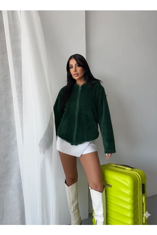Kadın Zümrüt Welsoft esnek kumaş Peluş Yumoş Önü Fermuarlı Kapüşonlu Ceket HZL23W-DSB110081