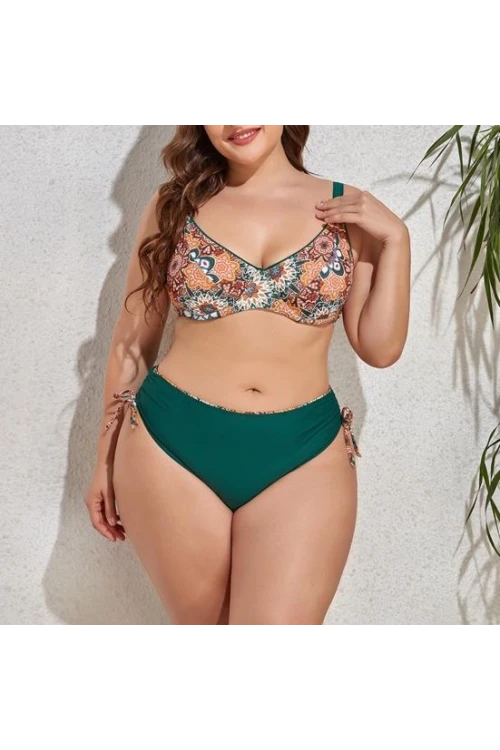 Kadın  Zümrüt Yeşil Etnik Desen Büyük Beden Bikini Takım HZL25S-LC3310