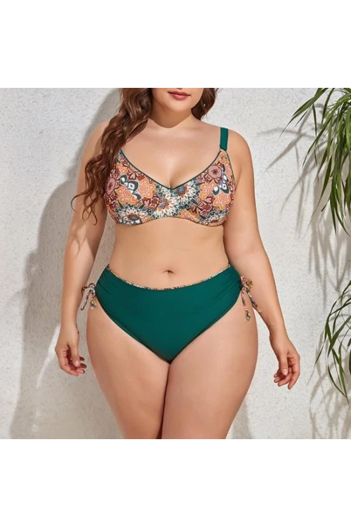 Kadın  Zümrüt Yeşil Etnik Desen Büyük Beden Bikini Takım HZL25S-LC3310