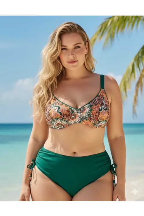 Kadın  Zümrüt Yeşil Etnik Desen Büyük Beden Bikini Takım HZL25S-LC3310