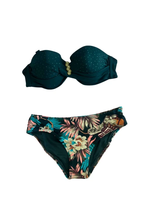 Kadın Zümrüt Yeşil Taş İşlemeli Aksesuar Detaylı Astarlı Bikini Takımı HZL25S-LC4005
