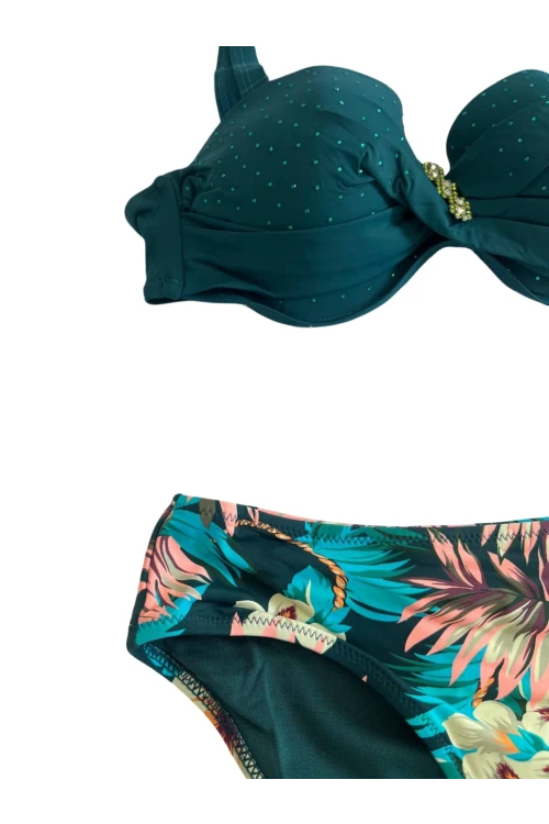 Kadın Zümrüt Yeşil Taş İşlemeli Aksesuar Detaylı Astarlı Bikini Takımı HZL25S-LC4005