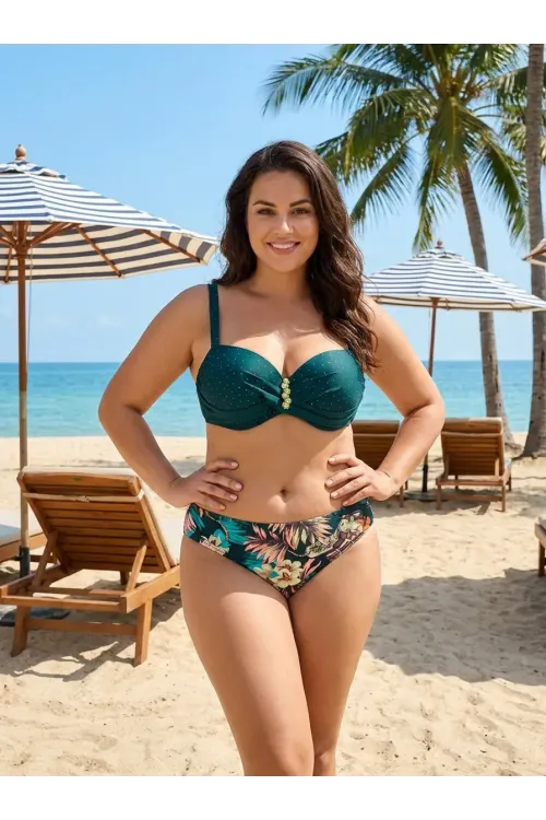 Kadın Zümrüt Yeşil Taş İşlemeli Aksesuar Detaylı Astarlı Bikini Takımı HZL25S-LC4005