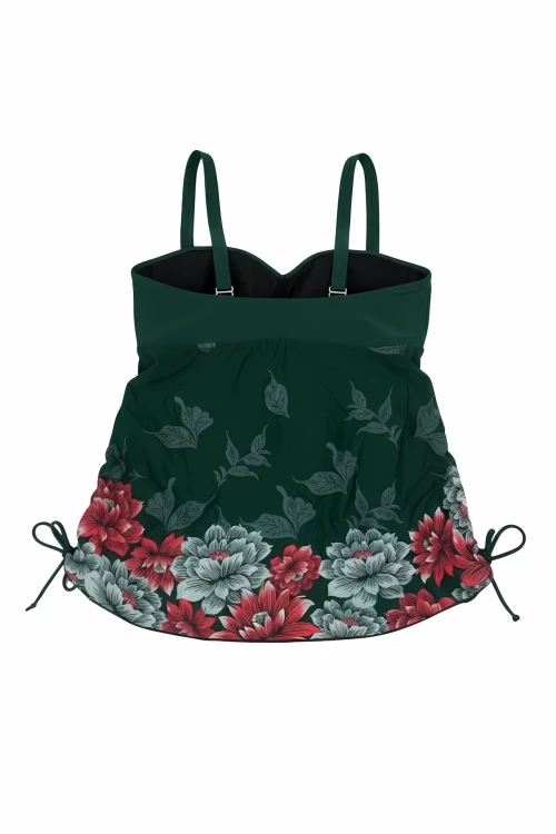 Kadın Zümrüt Yeşili Çiçek Desenli Elbise Model Büyük Beden Slipli Tankini HZL24S-LC4009