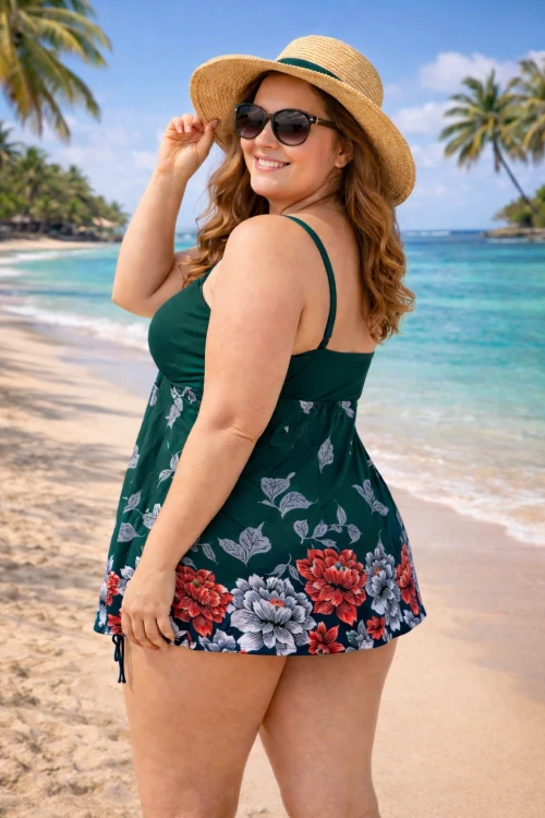 Kadın Zümrüt Yeşili Çiçek Desenli Elbise Model Büyük Beden Slipli Tankini HZL24S-LC4009