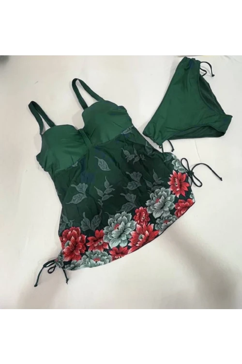 Kadın Zümrüt Yeşili Çiçek Desenli Elbise Model  Slipli Tankini HZL24S-LC4009