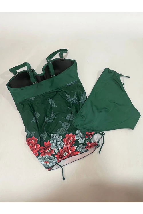 Kadın Zümrüt Yeşili Çiçek Desenli Elbise Model  Slipli Tankini HZL24S-LC4009