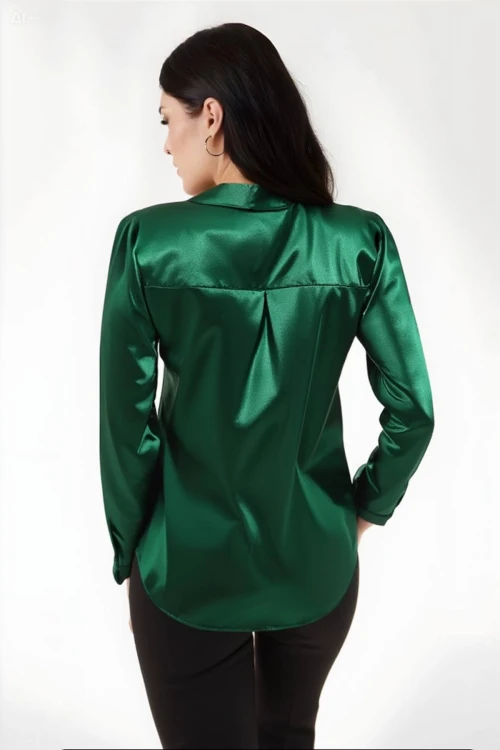 Kadın Zümrüt Yeşili Hafif Dökümlü Saten Yüzeyli Gömlek HZL22W-BD139641