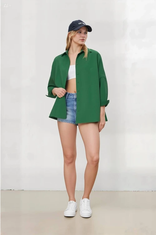 Kadın Zümrüt Yeşili Oversize Uzun Basic Gömlek HZL22W-BD139001