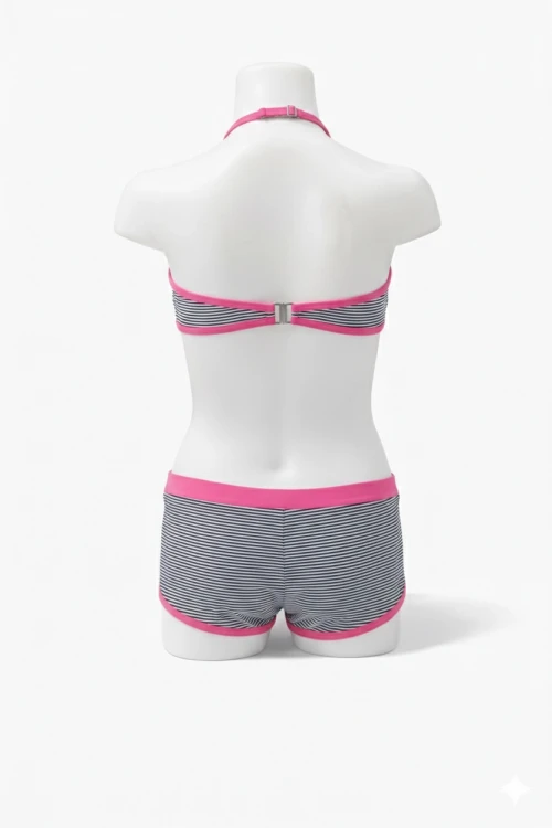 Kız Çocuk Açık Pembe Çizgili Şortlu 4-12 Yaş Straplez Bikini Takım HZL24S-LC9034