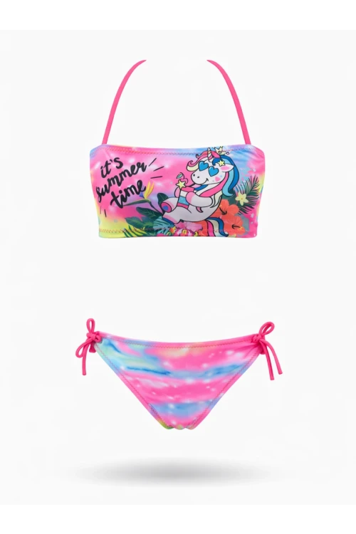 Kız Çocuk Açık Pembe Desenli  2-8 Yaş Straplez Bikini Takım HZL24S-LC3652