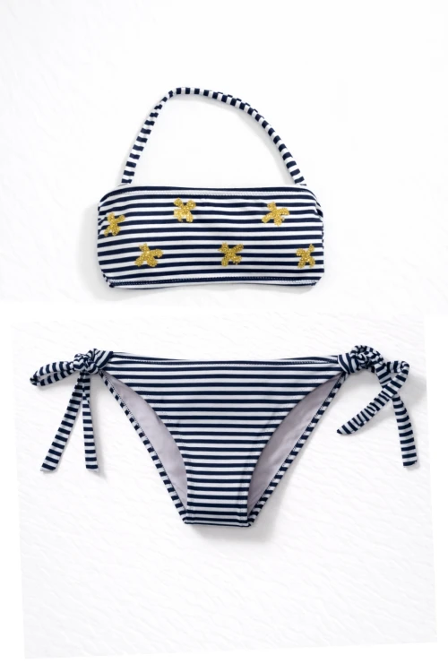 Kız Çocuk Lacivert Beyaz Çizgili Arı Çıkartmalı 4-12 Yaş Straplez Bikini Takım HZL24S-LC3228