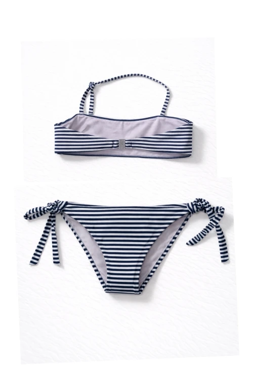 Kız Çocuk Lacivert Beyaz Çizgili Arı Çıkartmalı 4-12 Yaş Straplez Bikini Takım HZL24S-LC3228