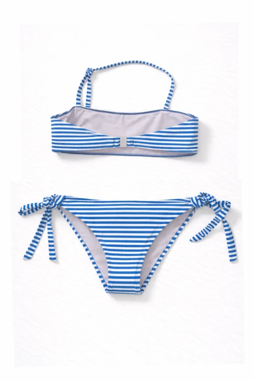 Kız Çocuk Mavi Beyaz Çizgili Arı Çıkartmalı 4-12 Yaş Straplez Bikini Takım HZL24S-LC3228