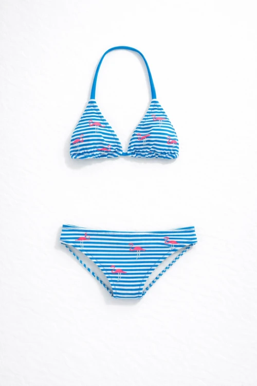 Kız Çocuk Mavi Beyaz Çizgili Flamingo Desenli  4-12 Yaş Üçgen Bikini Takım HZL24S-LC171