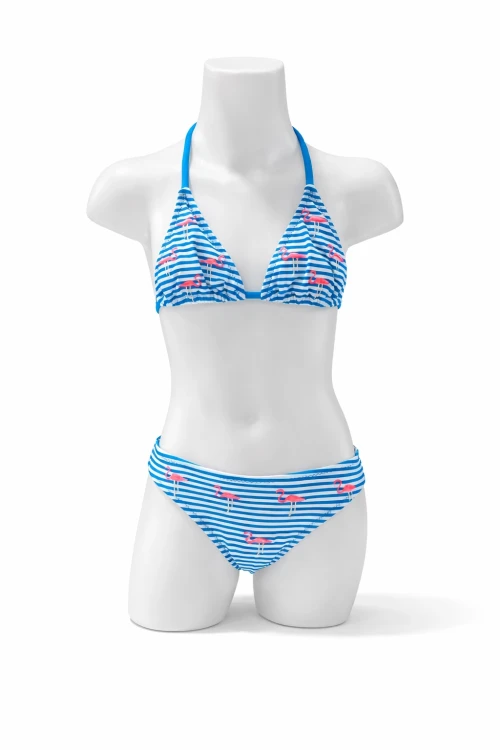 Kız Çocuk Mavi Beyaz Çizgili Flamingo Desenli  4-12 Yaş Üçgen Bikini Takım HZL24S-LC171