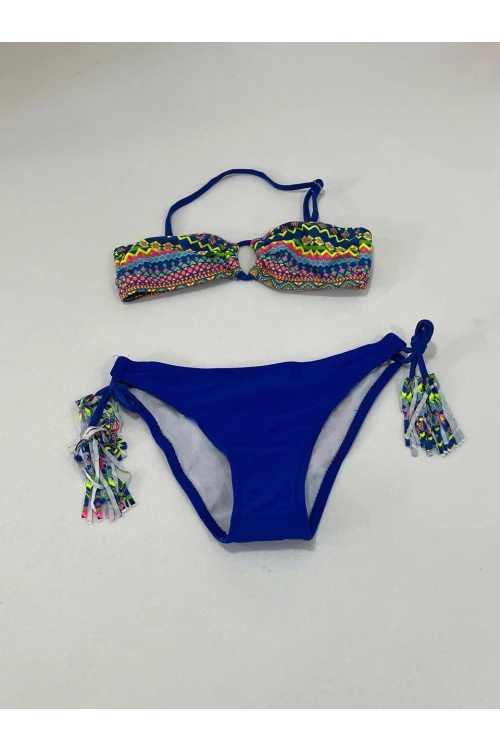Kız Çocuk Mavi Çok Renkli  İp Detaylı Astarlı 4-12 Yaş Üçgen Bikini Takım HZL24S-LC1904