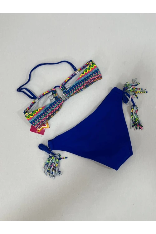 Kız Çocuk Mavi Çok Renkli  İp Detaylı Astarlı 4-12 Yaş Üçgen Bikini Takım HZL24S-LC1904