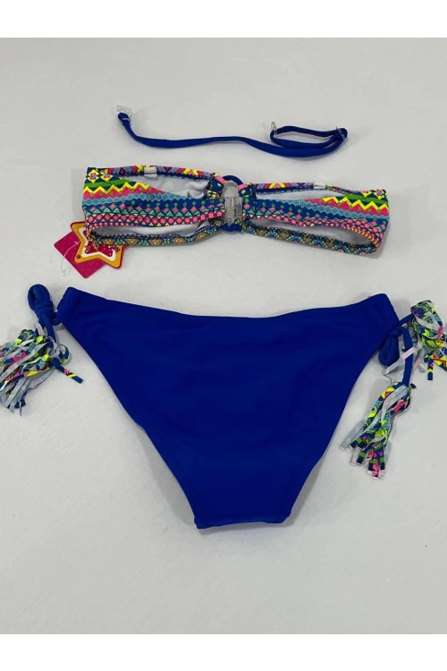 Kız Çocuk Mavi Çok Renkli  İp Detaylı Astarlı 4-12 Yaş Üçgen Bikini Takım HZL24S-LC1904