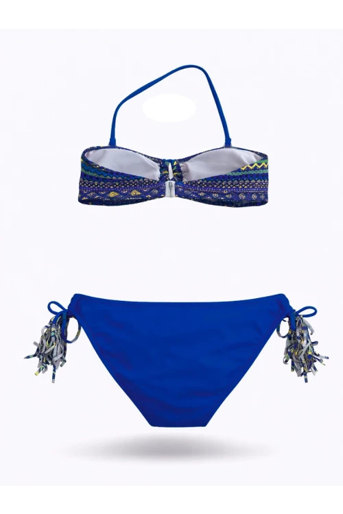 Kız Çocuk Mavi Çok Renkli  İp Detaylı Astarlı 4-12 Yaş Üçgen Bikini Takım HZL24S-LC1904