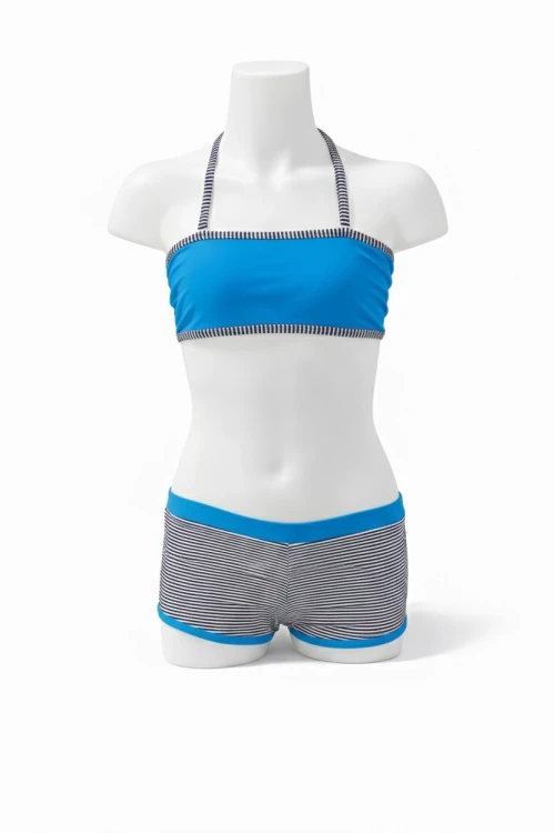 Kız Çocuk Mavi Siyah Çizgili Şortlu 4-12 Yaş Straplez Bikini Takım HZL24S-LC9034