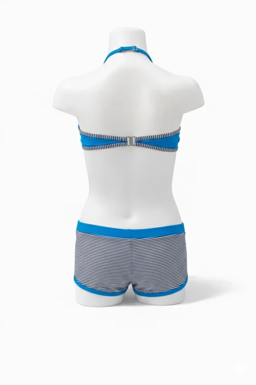 Kız Çocuk Mavi Siyah Çizgili Şortlu 4-12 Yaş Straplez Bikini Takım HZL24S-LC9034