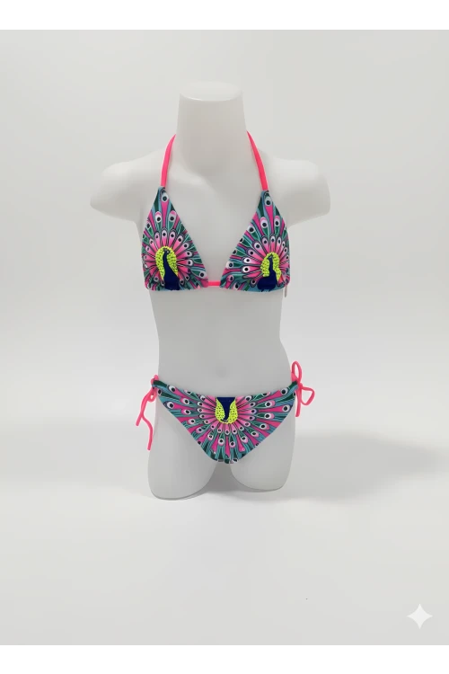 Kız Çocuk Mavi Tavuz Kuşu Desenli  6-14 Yaş Üçgen Bikini Takım HZL24S-LC19017