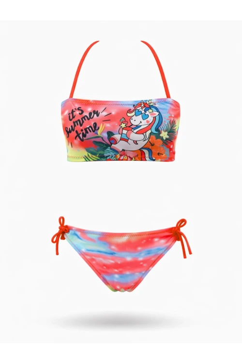 Kız Çocuk Neon Pembe Desenli  2-8 Yaş Straplez Bikini Takım HZL24S-LC3652