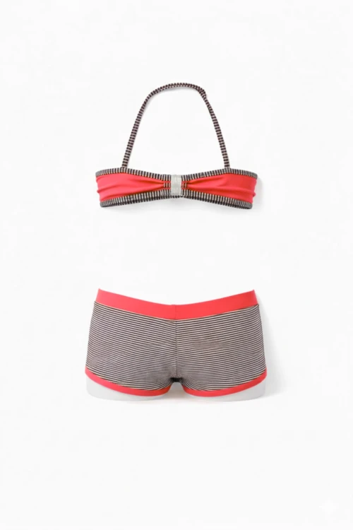 Kız Çocuk Neon Pembe Siyah Çizgili Şortlu 4-12 Yaş Straplez Bikini Takım HZL24S-LC9034