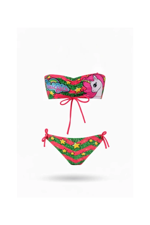 Kız Çocuk Neon Pembe Unicorn Desenli  2-8 Yaş Straplez Bikini Takım HZL24S-LC3658