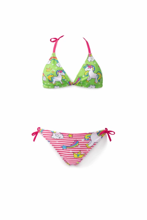 Kız Çocuk Neon Pembe Yeşil Unicorn Temalı Bikini Takım HZL25S-LC19049
