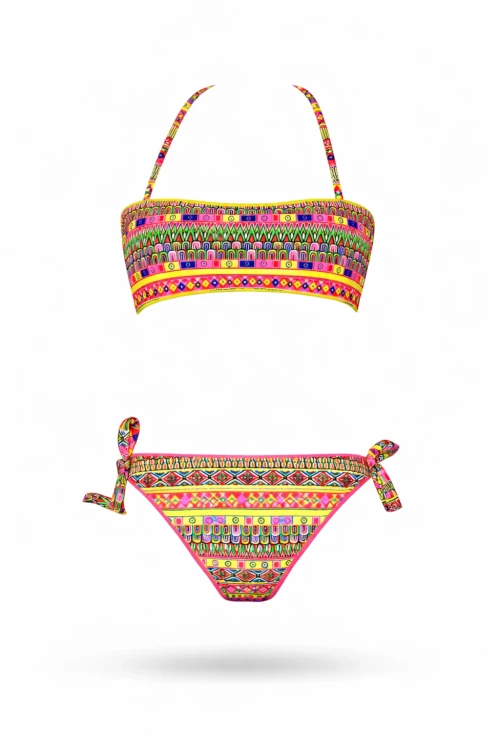 Kız Çocuk Neon Sarı Çok Renkli Astarlı 4-12 Yaş Straplez Bikini Takım HZL24S-LC6355