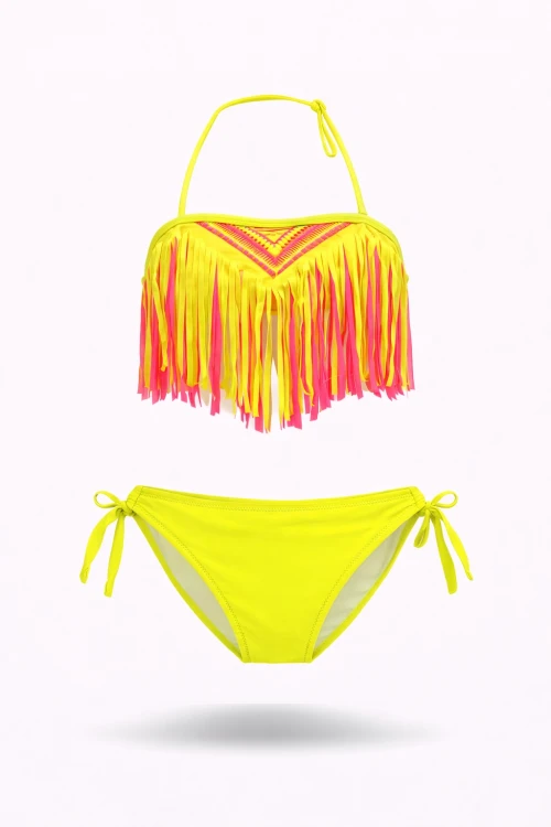 Kız Çocuk Neon Sarı Püsküllü Astarlı Bikini Takımı 4-12 Yaş  HZL26S-LC18112