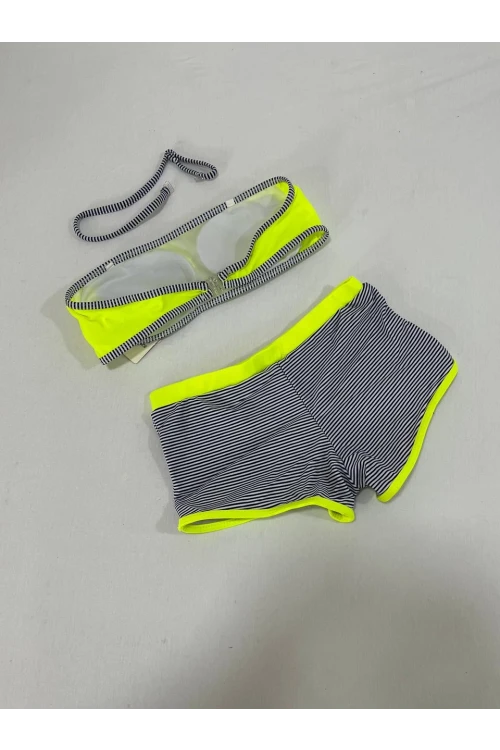 Kız Çocuk Neon Sarı Siyah Çizgili Şortlu 4-12 Yaş Straplez Bikini Takım HZL24S-LC9034