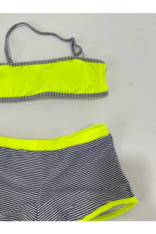 Kız Çocuk Neon Sarı Siyah Çizgili Şortlu 4-12 Yaş Straplez Bikini Takım HZL24S-LC9034