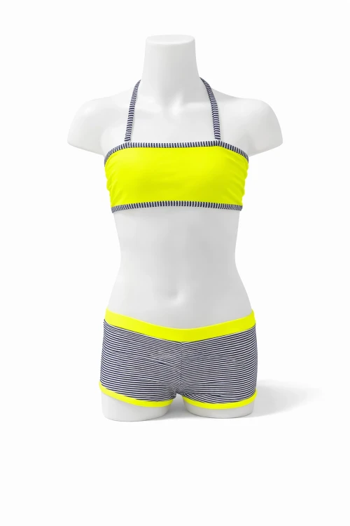 Kız Çocuk Neon Sarı Siyah Çizgili Şortlu 4-12 Yaş Straplez Bikini Takım HZL24S-LC9034
