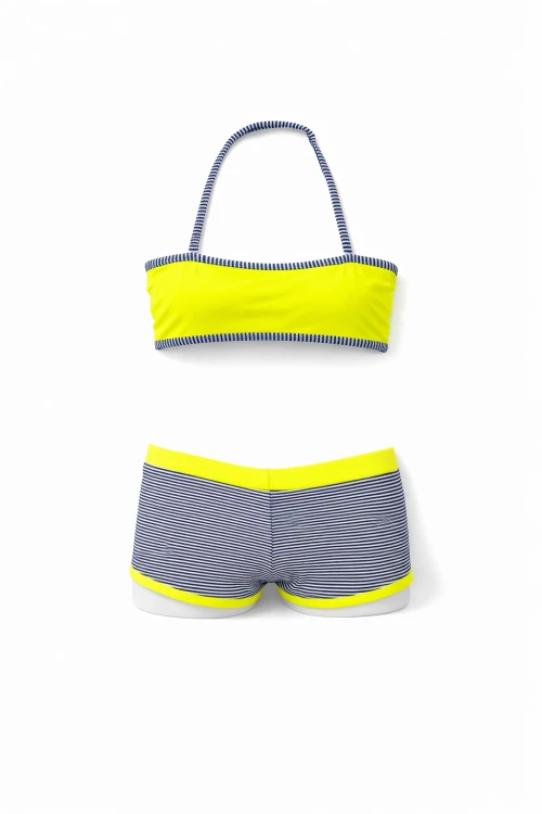 Kız Çocuk Neon Sarı Siyah Çizgili Şortlu 4-12 Yaş Straplez Bikini Takım HZL24S-LC9034