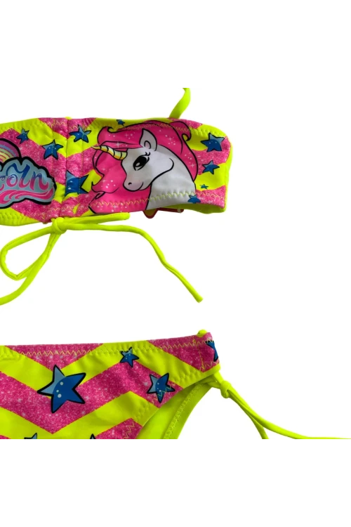 Kız Çocuk Neon Sarı Unicorn Desenli  2-8 Yaş Straplez Bikini Takım HZL24S-LC3658
